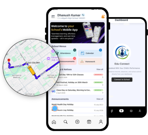Smart Parent App dashboard and live tracking screens